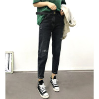 伊布苼新米白色牛仔裤宽松显瘦2021年百搭阔腿裤子 黑色 2XL码（135-150斤）