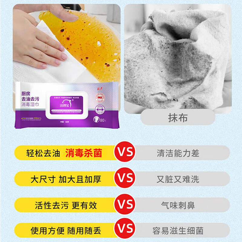 洗得宝 厨房 去油污湿巾 80抽/包 物体表面消毒湿巾 吸油烟机湿纸巾 XDB-CFSJ0867高清大图
