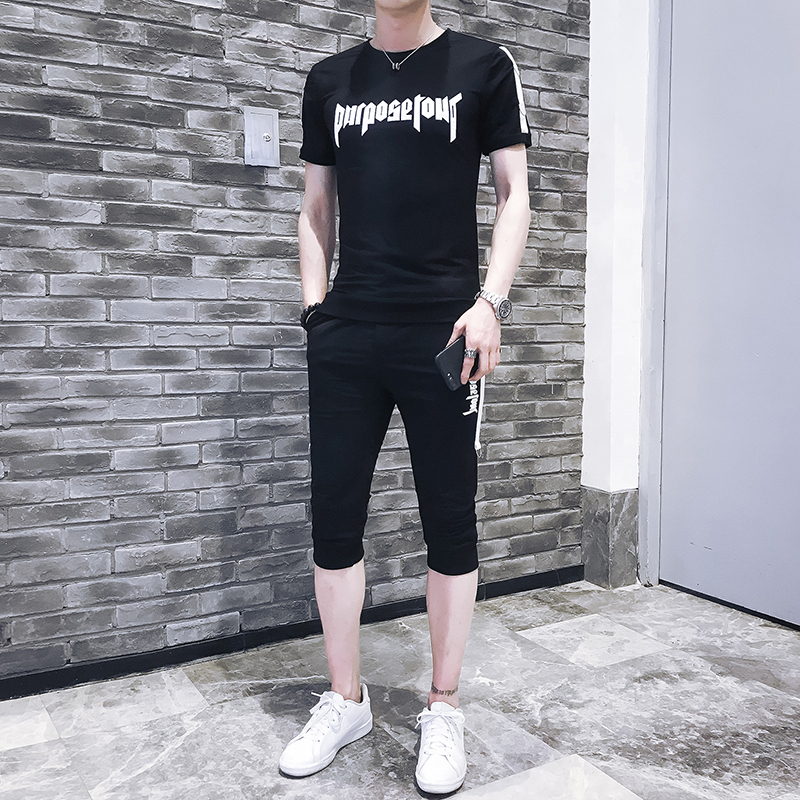 2018新款夏款短袖T恤衫七分休闲裤套装短裤运动套装修身薄款男装
