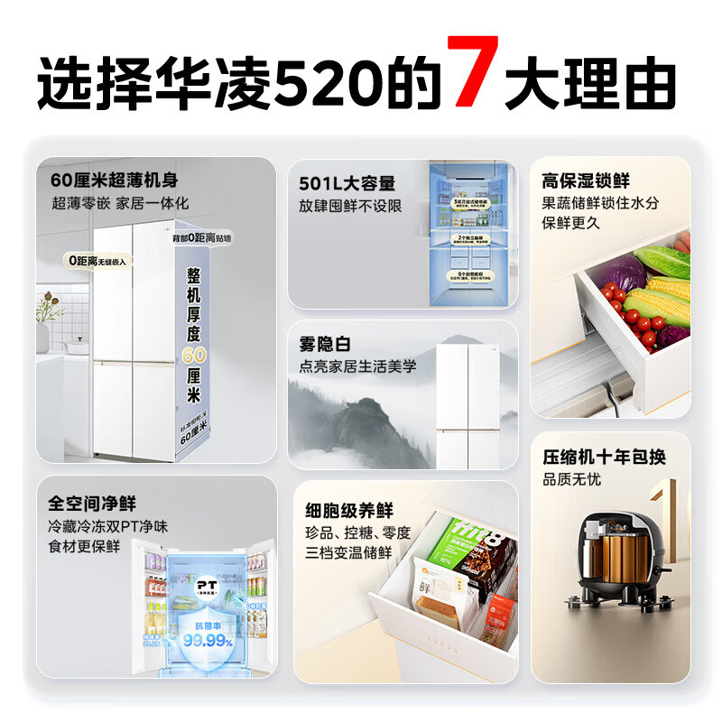 [美的出品]华凌520 十字对开四开门60cm超薄平嵌零嵌入式家用冰箱底部散热一级能效风冷无霜 HR-520WUSPZ高清大图