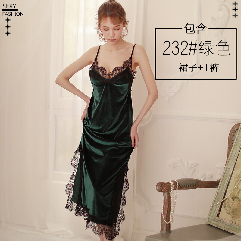 波迷娜(BOMINA)往季夏新款微透私房美背睡性感睡衣女秋冬蕾丝情调衣人内衣吊带长款绒睡q