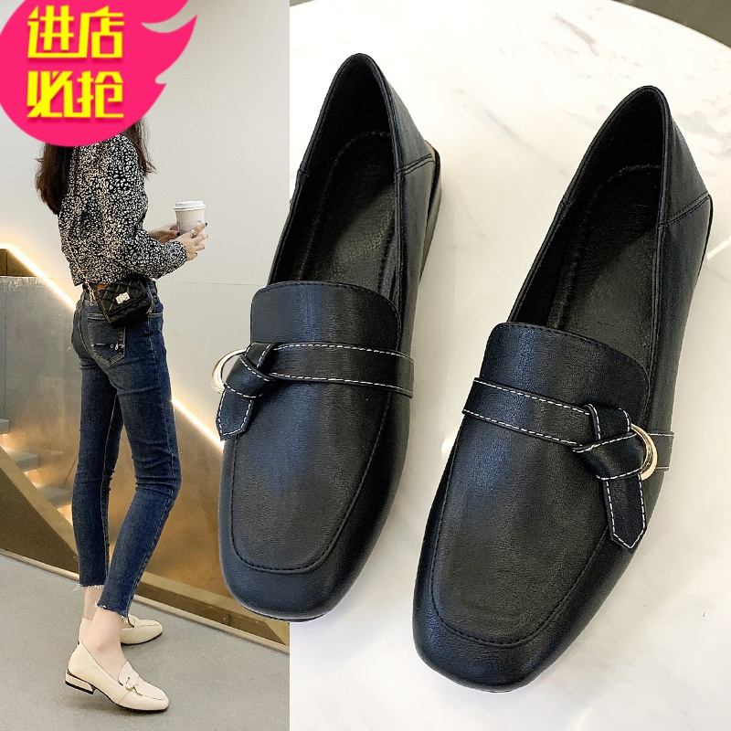 金三志小皮鞋女2021新款面试文艺通勤低帮法式设计感方头黑色职业工作鞋休闲鞋