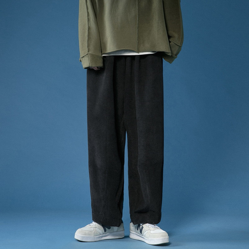 yuansu卡其色灯芯绒阔腿裤男秋冬款日系港风休闲长裤宽松百搭直筒