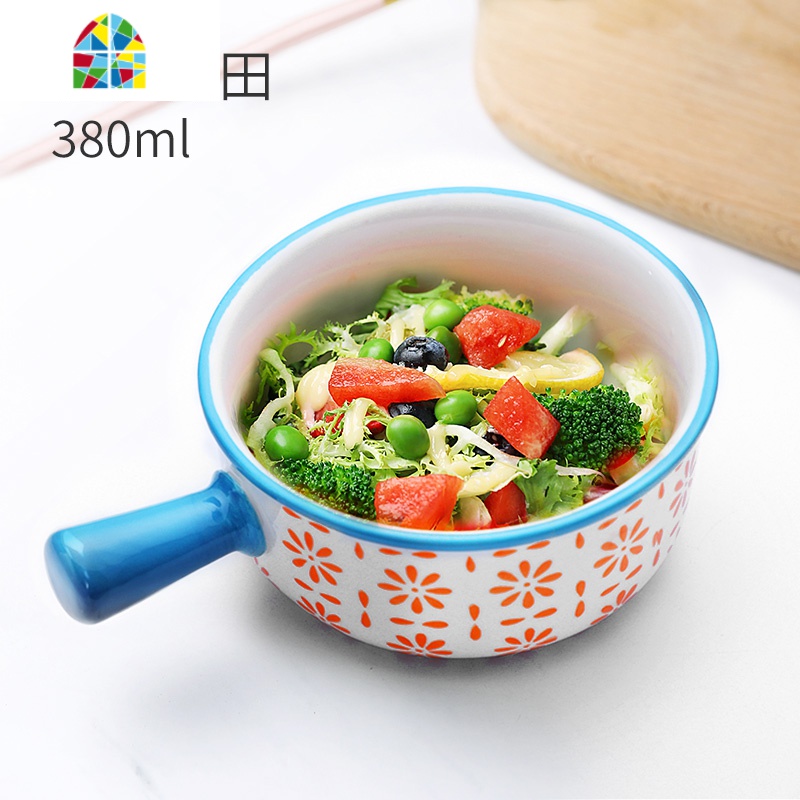 日式带把手柄的小碗单个儿童创意一人食可爱碗餐具陶瓷泡面少女心 FENGHOU 橙色田海-380ml高清大图