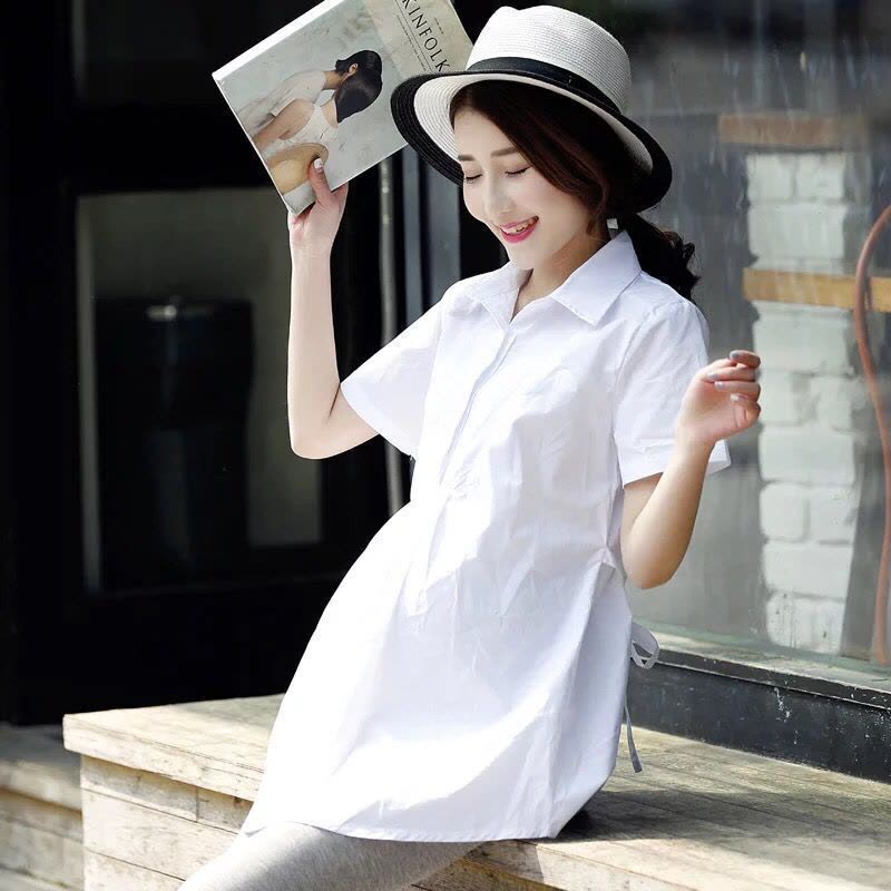 迪鲁奥(DILUAO)孕妇夏装上衣纯棉孕妇衬衫短袖中长款孕妇衬衣宽松白色职业装潮妈图片