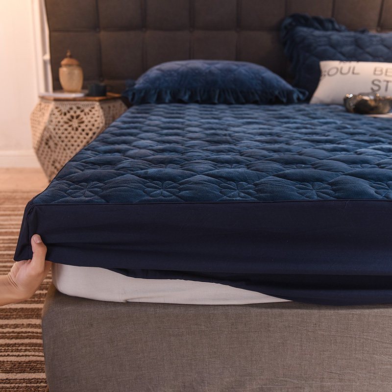 美帮汇床笠绒面加绒款 冬季 加厚踏踏米床套夹棉珊瑚绒床垫保护套短毛绒 宝蓝 150cmx200cm单床笠1条