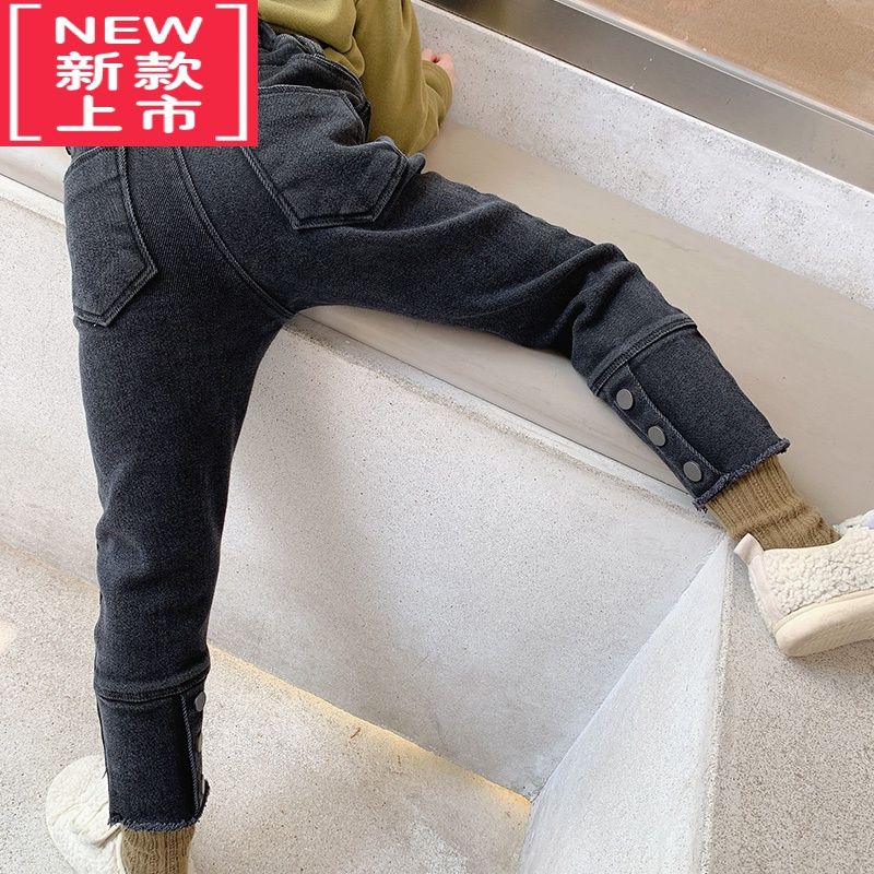 可莉允女童加绒裤子秋冬款外穿加厚宝宝一体绒长裤儿童保暖弹力牛仔裤保暖裤