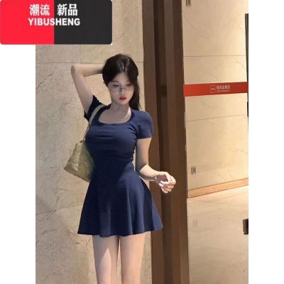 YIBUSHENG小个子A字短裙季韩版2024新款收腰显瘦时尚休闲气质连衣裙女装 蓝色 L55/60kg