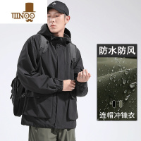 YANXU夹克外套男防风防水冲锋衣户外登山连帽多口袋工装纯色风衣潮 XL建议130-150斤 黑色单件冲锋衣