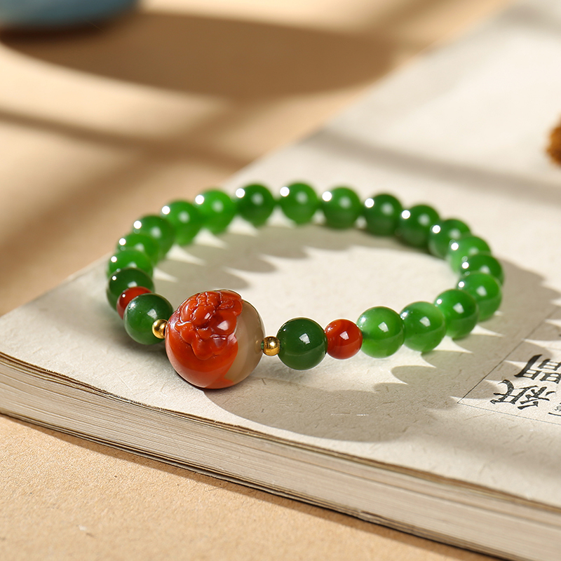 印象眸和田玉碧玉圆珠手串玉石碧玉珠配南红花朵男女款手链附送证书