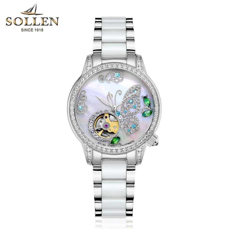 梭伦(SOLLEN)手表女自动机械表防水女表蝴蝶镂空时尚潮流镶钻陶瓷表SL406 银色