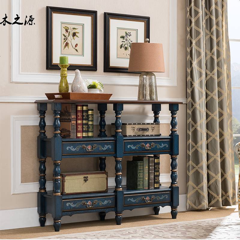 美式家用乡村彩绘裂纹书房书架储物架 厅走廊装饰架 餐厅餐边柜高清大图