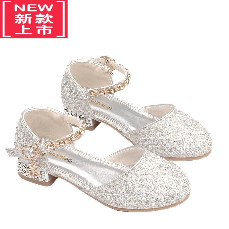 可莉允女童高跟鞋公主儿童包头凉鞋宝石皮鞋配纱裙白色软底小孩子水晶鞋运动休闲鞋图片