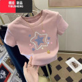 YIBUSHENG设计感小众粉色正肩短袖t恤女短款上衣2024季新款修身小个子in新 XL建议110-120 粉色短款星星