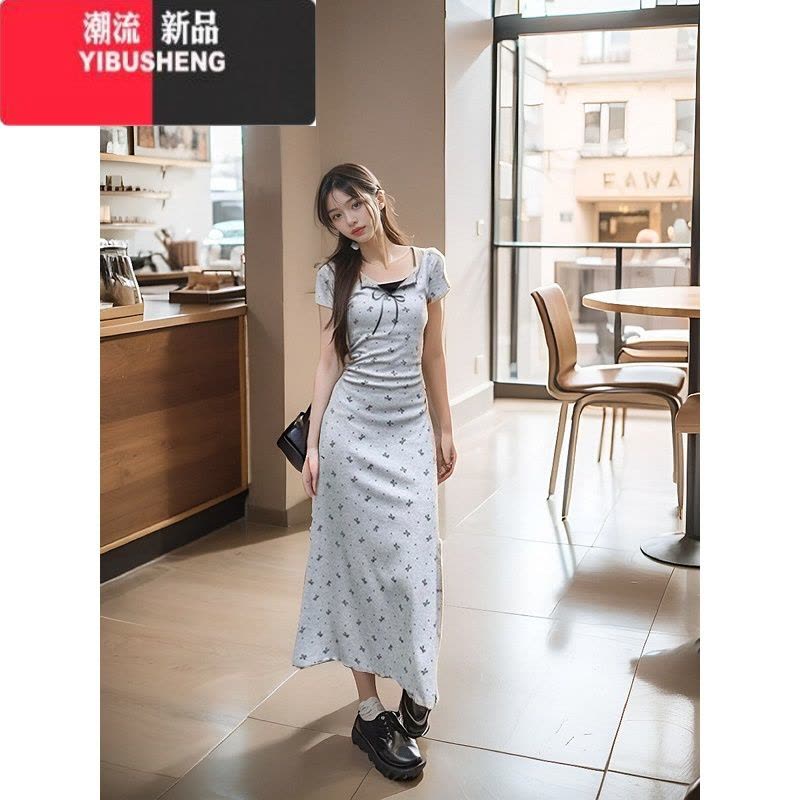 YIBUSHENG假两件蝴蝶结印花连衣裙2024新款女季修身收腰包臀裙a字长裙子图片