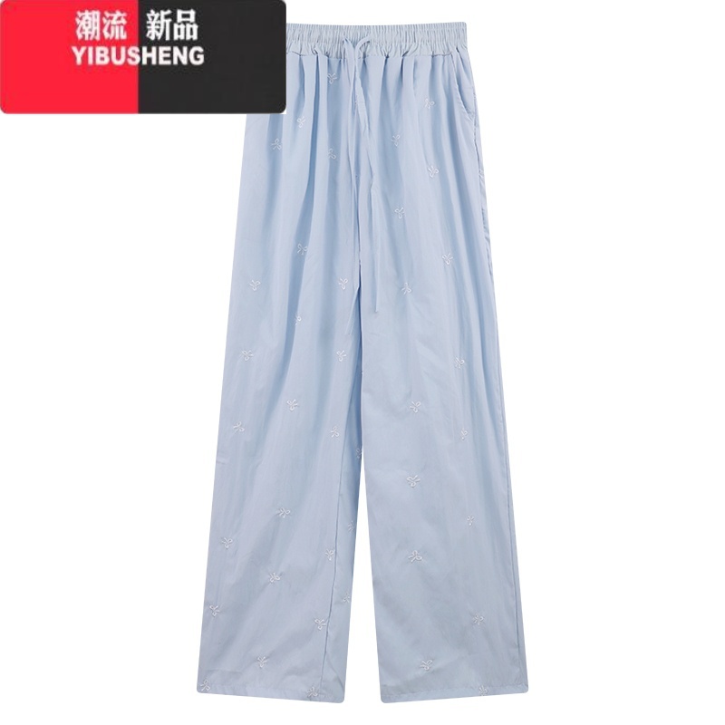 YIBUSHENG蓝色小众蝴蝶结刺绣休闲裤女季薄款小个子宽松直筒阔腿裤长裤裤高清大图