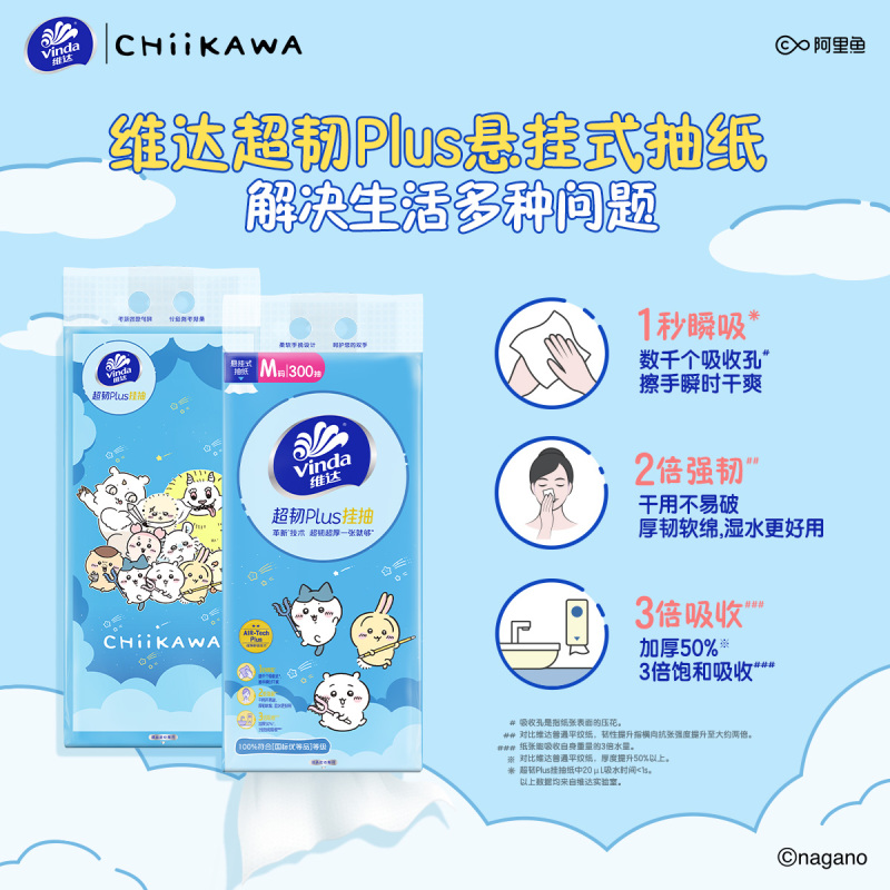 [CHIIKAWA联名]维达超韧Plus悬挂式抽纸3层M码300抽4提共1200抽 可爱实用联名家用实惠挂抽卫生纸面巾纸高清大图