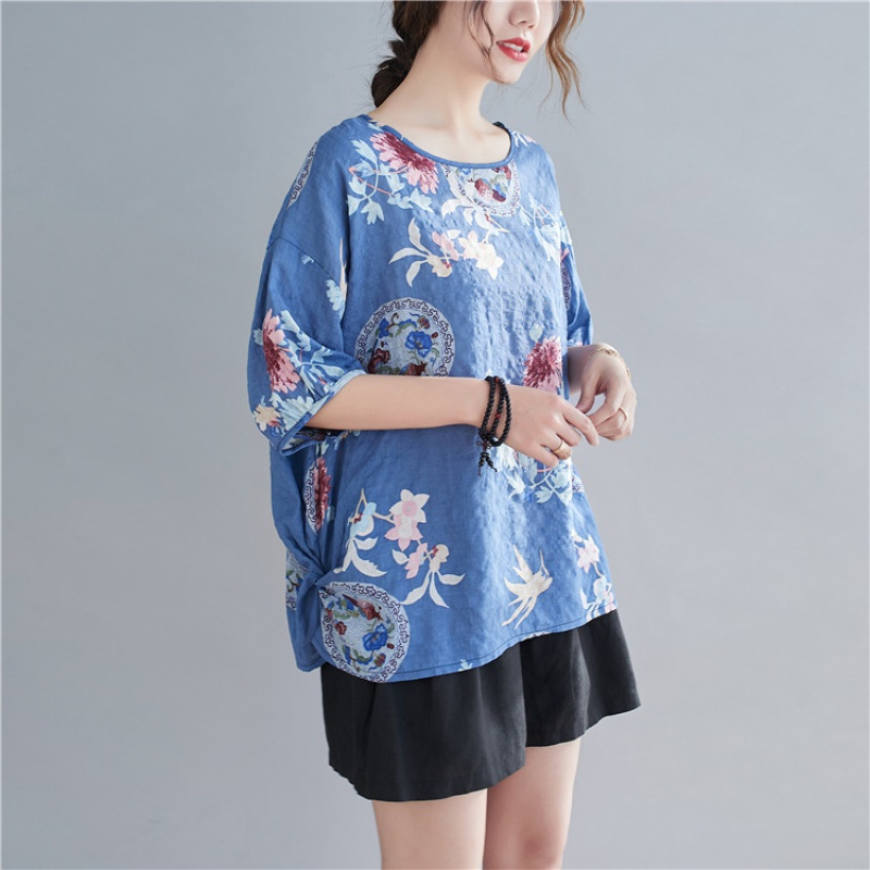 夏季印花百搭棉麻t恤衫宽松短袖文艺大码圆领上衣女