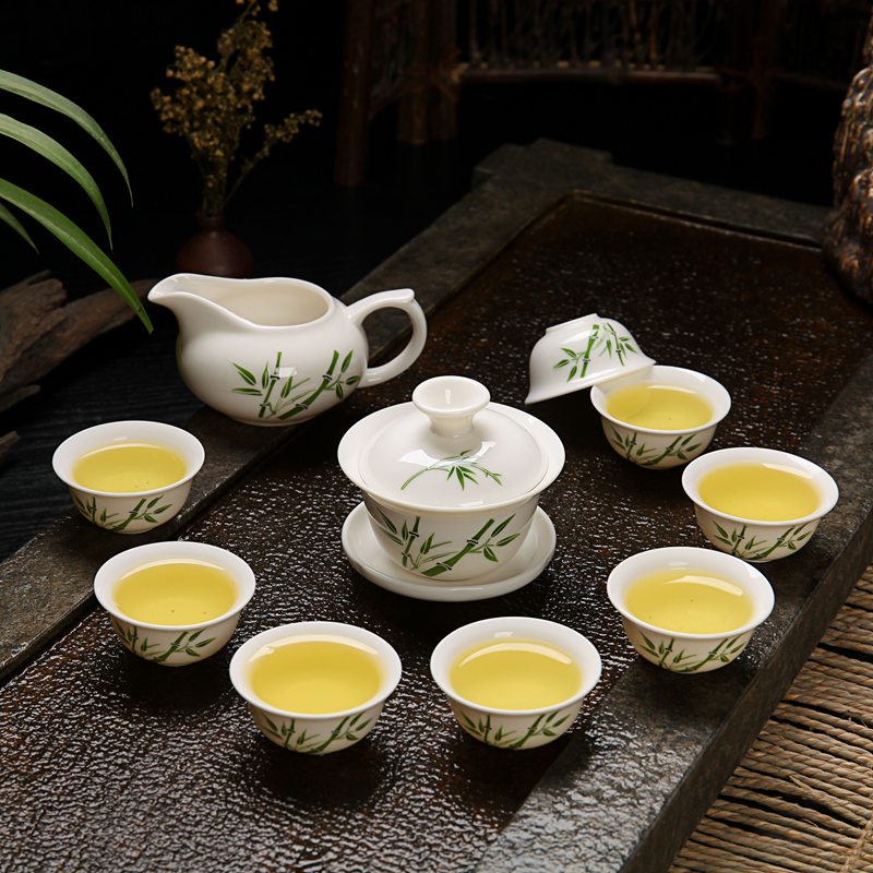 陶瓷家用茶具办公家用盖碗茶具白瓷冰裂茶杯盖碗功夫茶具套装整套 10头8杯盖碗翠绿新竹