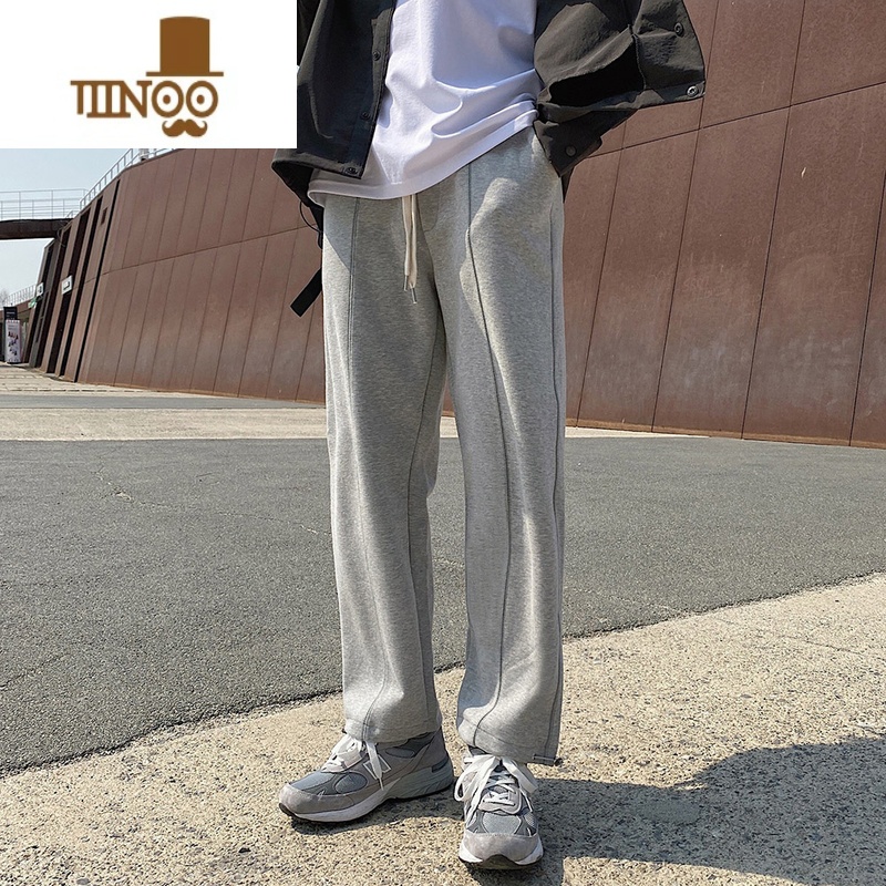 YANXU灰色卫裤男潮牌宽松直筒高街美式垂感束脚裤休闲运动裤高清大图
