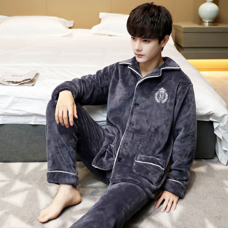 法兰绒睡衣男冬季加厚加大码男士睡衣秋冬家居服珊瑚绒套装可外穿