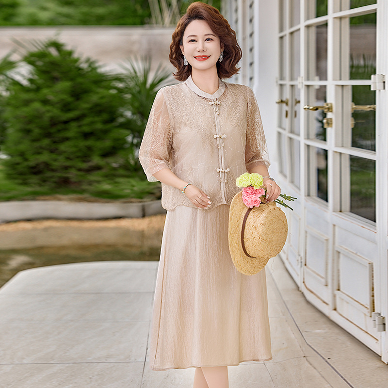 纤孜雅 新款妈妈装春夏时尚套装气质中年女装宽松两件套显瘦上衣裤子 卡其色 4XL