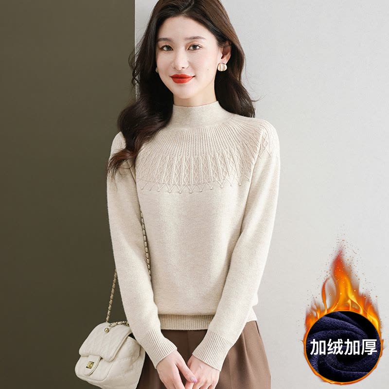 羊绒衫女半高领毛衣短款套头宽松加大码韩版加厚羊毛打底衫毛衣女春秋新款字母加厚一体加绒中年妈妈针织保暖打底衫图片