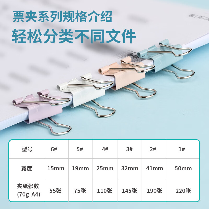 齐心(Comix) 32mm莫兰迪长尾票夹24只 反复使用 夹力强劲 不易伤纸 B4073-配高清大图