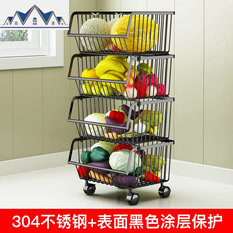304不锈钢厨房置物架落地多层家用品储物收纳筐放水果蔬菜篮架子 三维工匠高清大图
