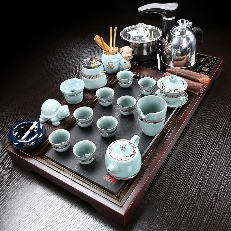 家柏饰(CORATED)功夫茶具套装陶瓷家用实木黑檀盘乌金石一体茶台简约茶壶