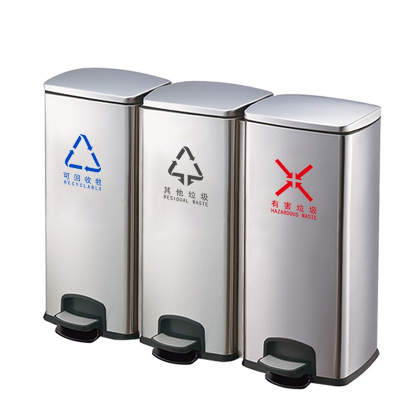 GNF三分类不锈钢脚踏垃圾桶（30L*3）室内带盖大号商用单位商场办公室酒店办公楼走廊脚踩干湿垃圾分类桶方形桶高清大图