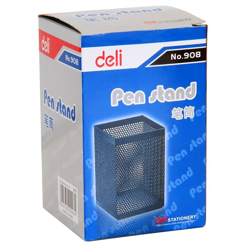 得力(deli)金属网纹方形笔筒黑色 908方形笔筒*10
