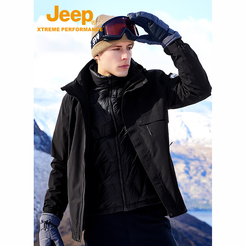 Jeep男式冲锋衣羽绒两件套J342094087品牌黑 S高清大图