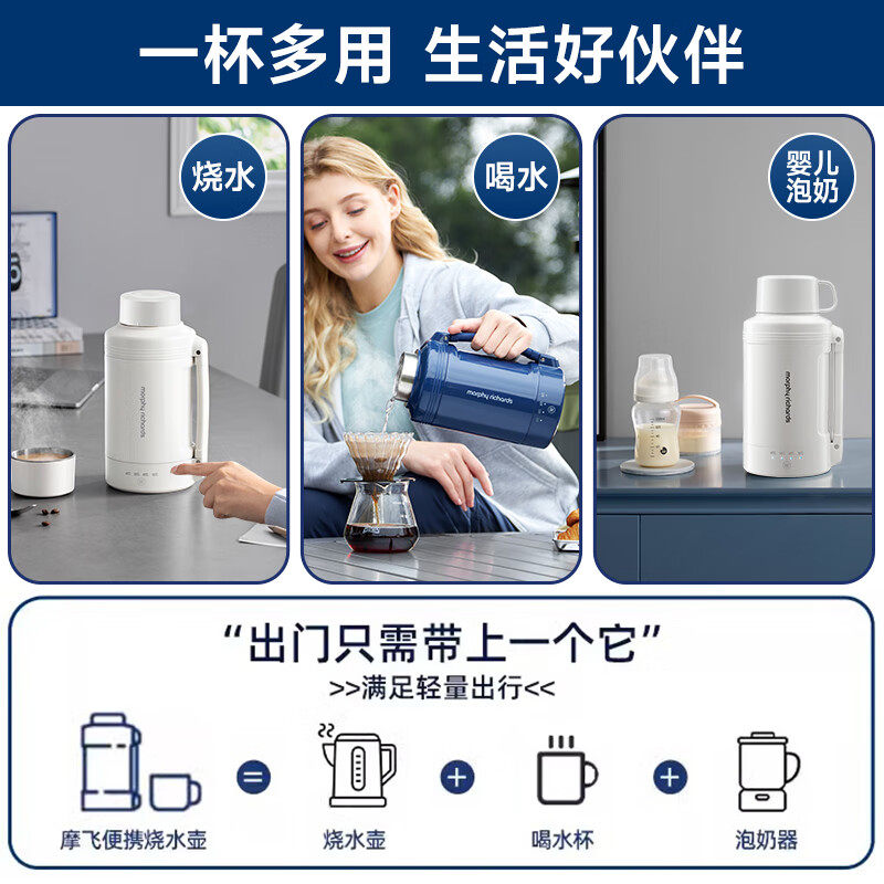 摩飞电器电热水壶便携式烧水壶烧水杯旅行热水壶不锈钢1L 大容量水壶户外露营 MR6061C椰奶白高清大图