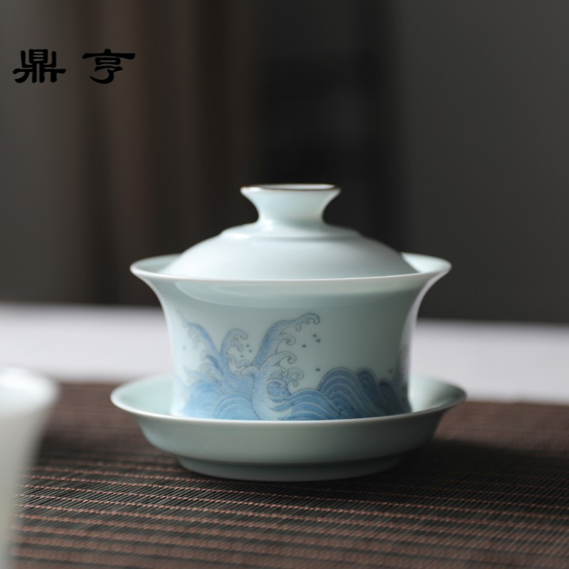 鼎亨春泥纹影青盖碗大号茶杯茶具陶瓷功夫白瓷泡茶三才景德镇品