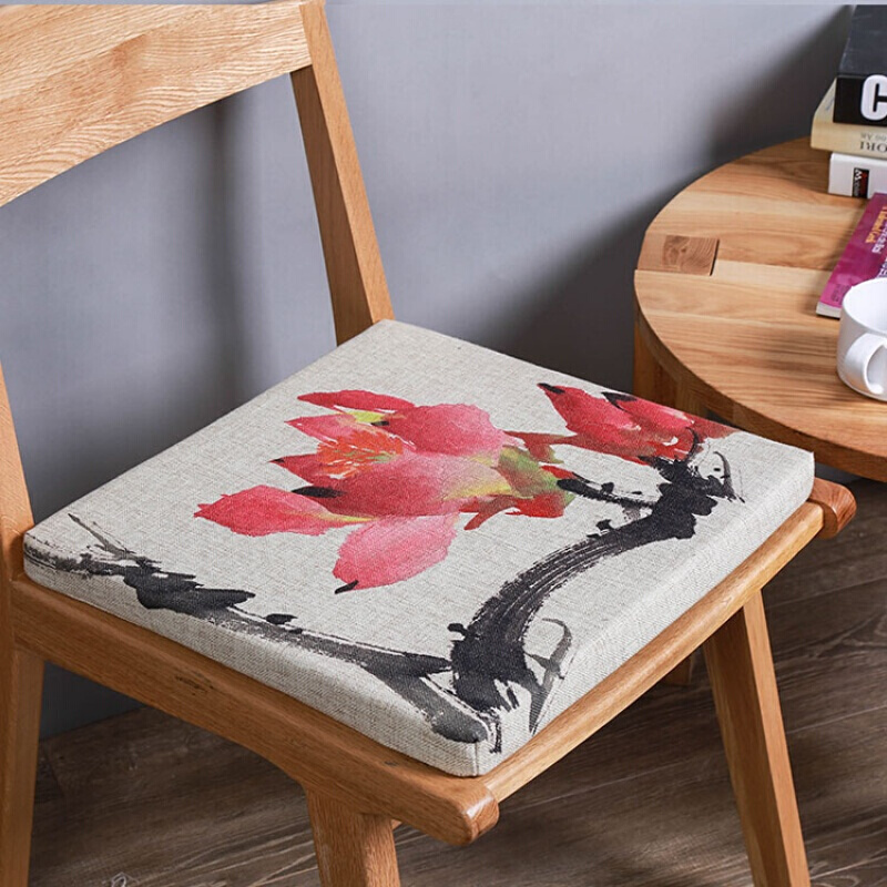 中式水墨荷花四季方形坐垫棉麻餐椅垫办公室太师椅子座垫子可定做