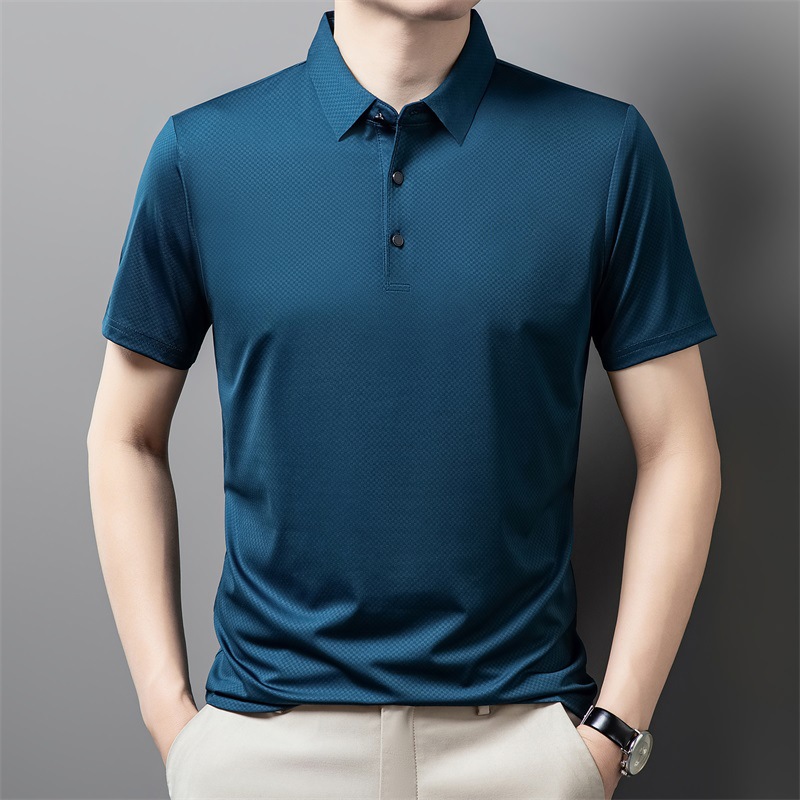 2024夏季新款商务polo衫男中老年休闲爸爸装短袖速干t恤纯色男装 蓝色 4XL