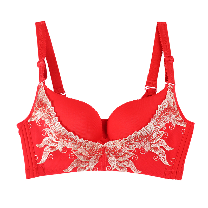 浪莎本命年红色内衣女性感聚拢大红刺绣属蛇年结婚新娘美背文胸 凤舞九天文胸鸿运本命年 80B