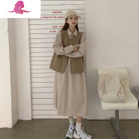 艳如飞秋装2020法式茶歇长袖连衣裙女高级简约马甲衬衫裙叠穿炸街两件套套装