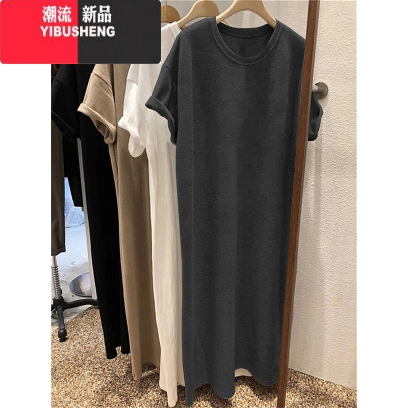 YIBUSHENG短袖遮肚子t恤裙女士季韩版宽松大码休闲中长款过膝连衣裙
