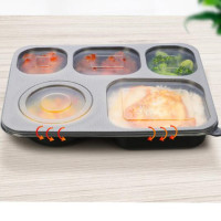 丰甲一次性黑底透明盖快餐饭盒ZR-335长方形五格加厚塑料带盖碗200只装