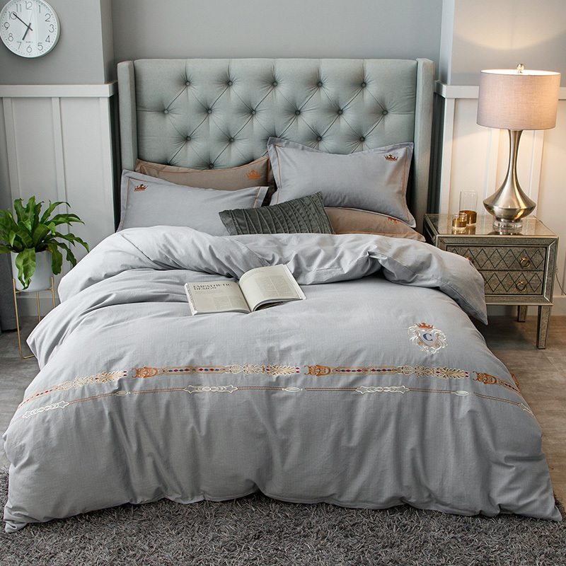 欧式男四件套全棉纯棉男士简约北欧床品被套加厚磨毛欧美风床单 2.0米床/被套2.2*2.4m 西雅图-银灰
