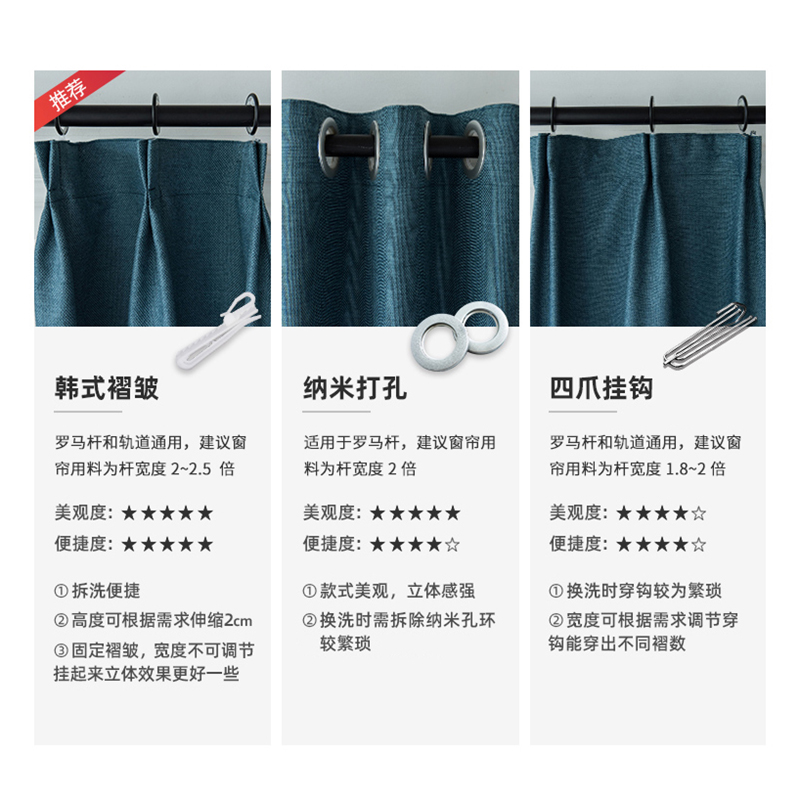 添福运 北欧风遮光窗帘简约现代渐变棉麻挂钩窗帘加厚打孔窗帘飘窗客厅帘子地中海风格遮阳布纯色轻奢卧室挂钩窗帘高清大图