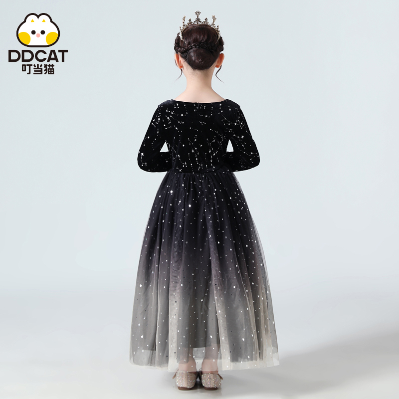 叮当猫女童公主裙晚礼服加绒长裙儿童主持人演出服钢琴表演服装