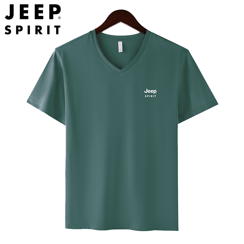 JEEP SPIRIT吉普男士V领T恤夏季透气舒适棉半袖t恤户外鸡心领时尚体恤衫短t
