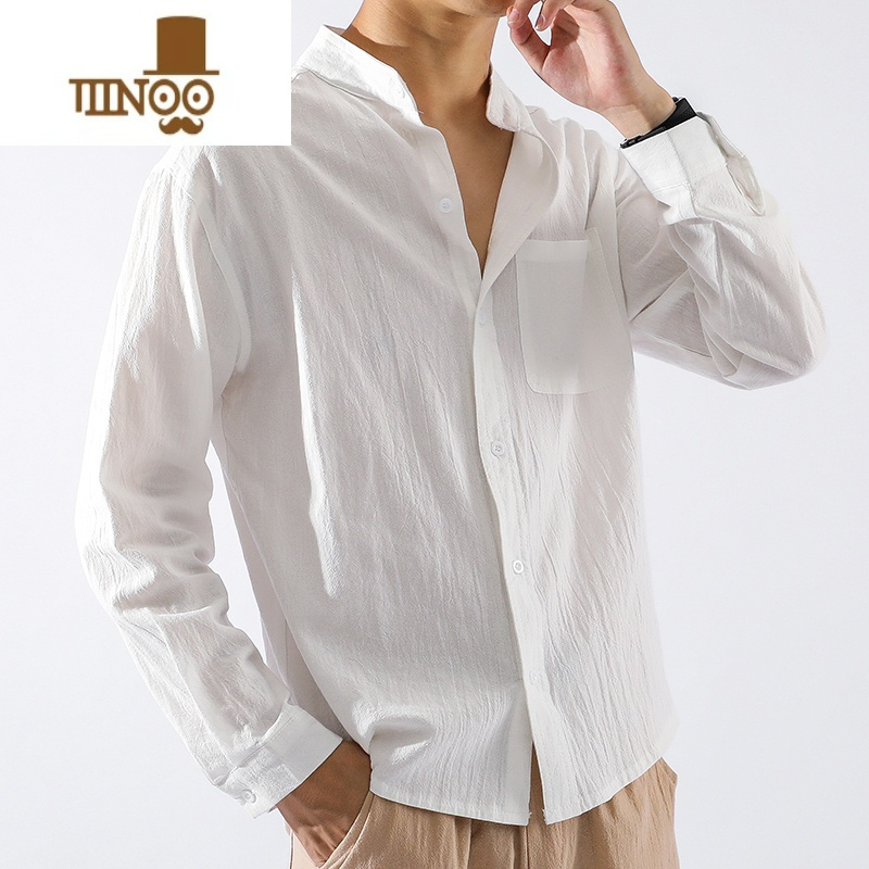 yanxu亚麻衬衫男长袖衬衣宽松男装中国风秋季棉麻男士薄款长袖休闲