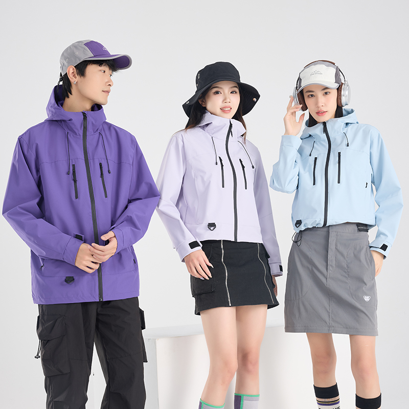 渔人船长春秋时尚户外薄款冲锋衣男女单层风衣连帽防风短款外套高清大图
