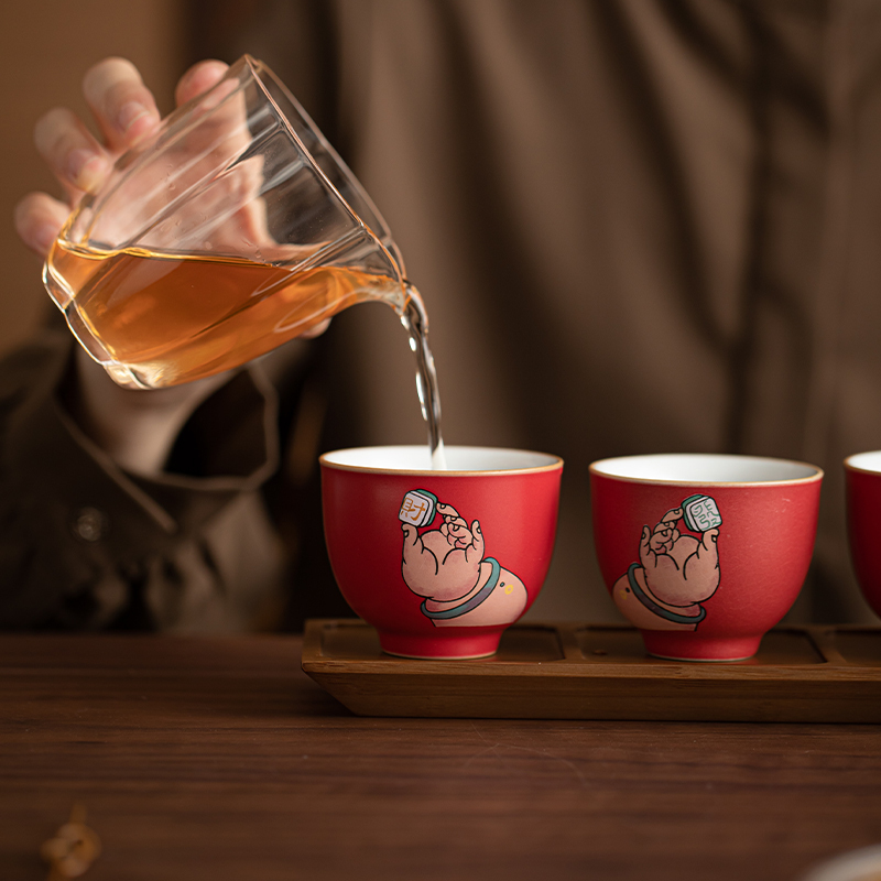 苏氏陶瓷(SUSHI CERAMICS)故宫红恭喜发财心意茶杯杯架盘套组