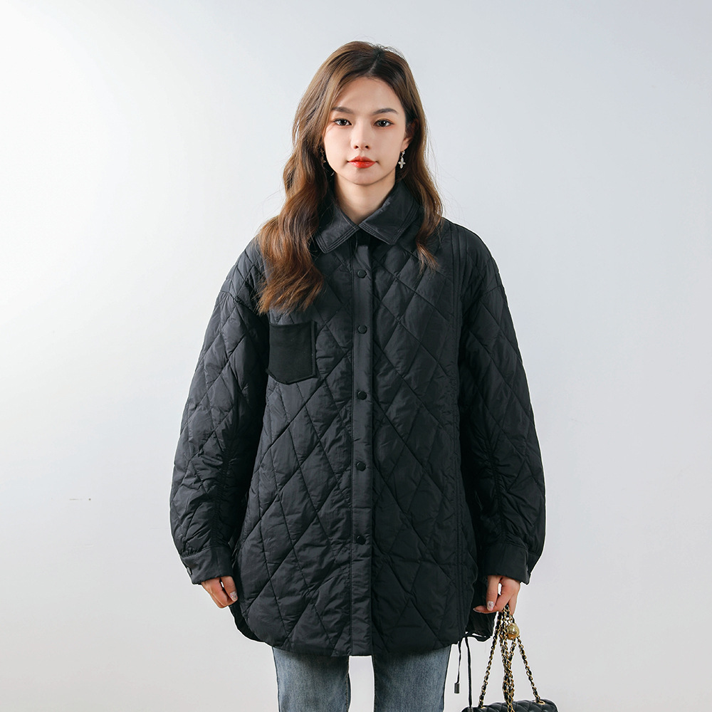 纯色简约秋冬新款时尚休闲翻领纯色抽绳设计羽绒服女_65531 黑色 L