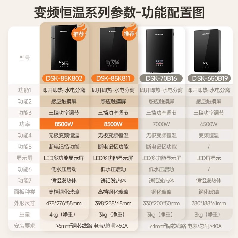 奥克斯即热式电热水器家用小型变频恒温速热卫生间洗澡淋浴免储水DSK-70B16 7000W 黑色 无极变频恒温高清大图